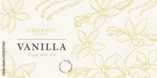 Vanilla cream banner, poster, package design template Packaging of Vanilla cosmetics for skin. Aromatherapy and spa. Design template with hand drawn graphics in light beige color