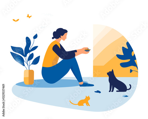 Person volunteering at an animal shelter happily feeding dog and petting cat in soft blue and yellow tones
