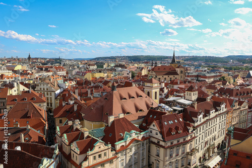 View of aerial cityscape with historic buildings and charming rooftops, Prague, Czech Republic. photo