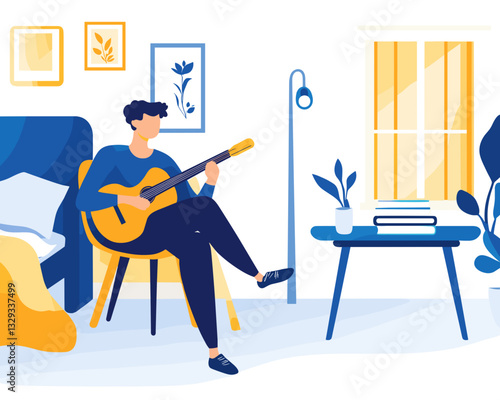 Young man playing guitar creatively in his bedroom with sheet music on the table in soft blue and yellow tones