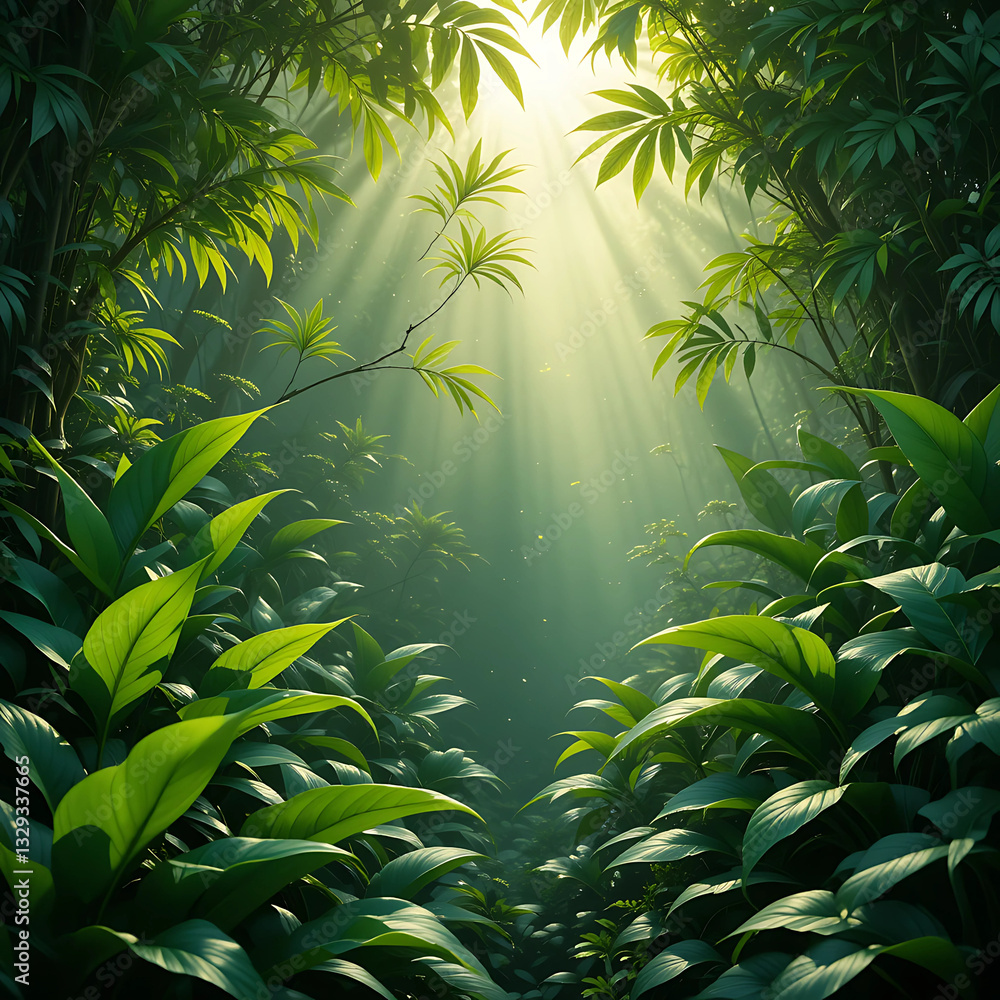 Fototapeta premium Lush Green Jungle with Sunlight Beams - Tranquil Nature Escape