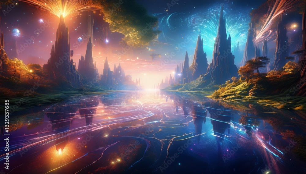 Obraz premium A vast utopian sanctuary where emotions take the form of glowing auras, and harmony is the main force that binds every living being together in perfect balance, creating a serene, radiant world. 