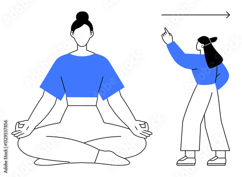 Woman meditates in lotus position, fostering calm, while another points forward, symbolizing direction. Ideal for wellness, self-care, mindfulness, motivation balance growth focus. Flat simple