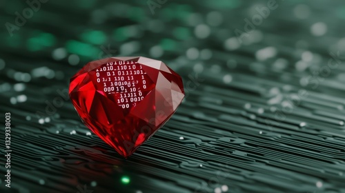 Red Gemstone on Dark Green Circuit Board