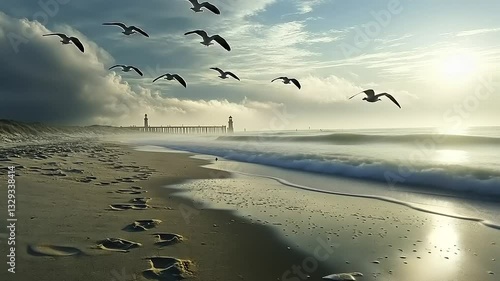 Serene beach scene at sunset with footprints leading to waves and seagulls flying over the pier