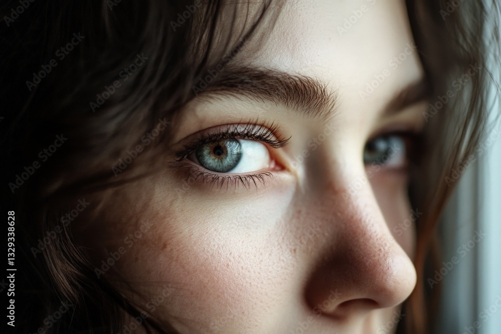 Fototapeta premium Close-up of young caucasian female with blue eyes and brown hair