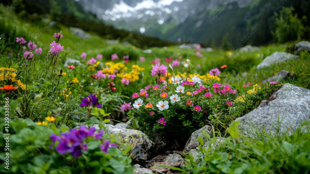 Obraz premium Colorful wildflower meadow in a serene mountain landscape during summer