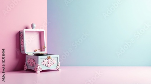 Pastel-colored ornate music box rests on a pink surface against a light blue wall