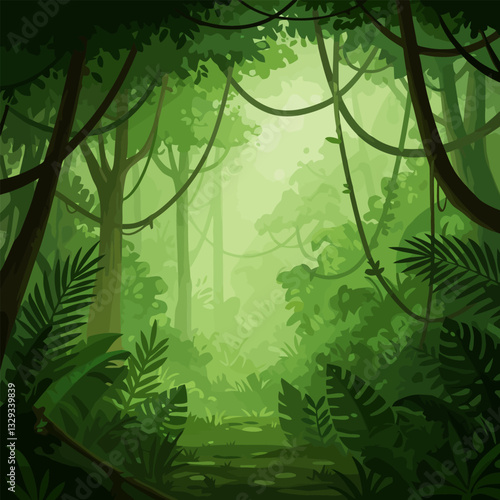 Lush Jungle Illustration with Dense Foliage and Tropical Atmosphere