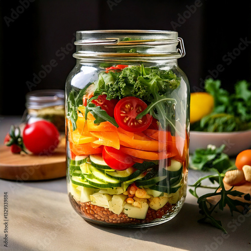 Obraz na płótnie Layered healthy meal prep in jars with fresh ingredients w salonie