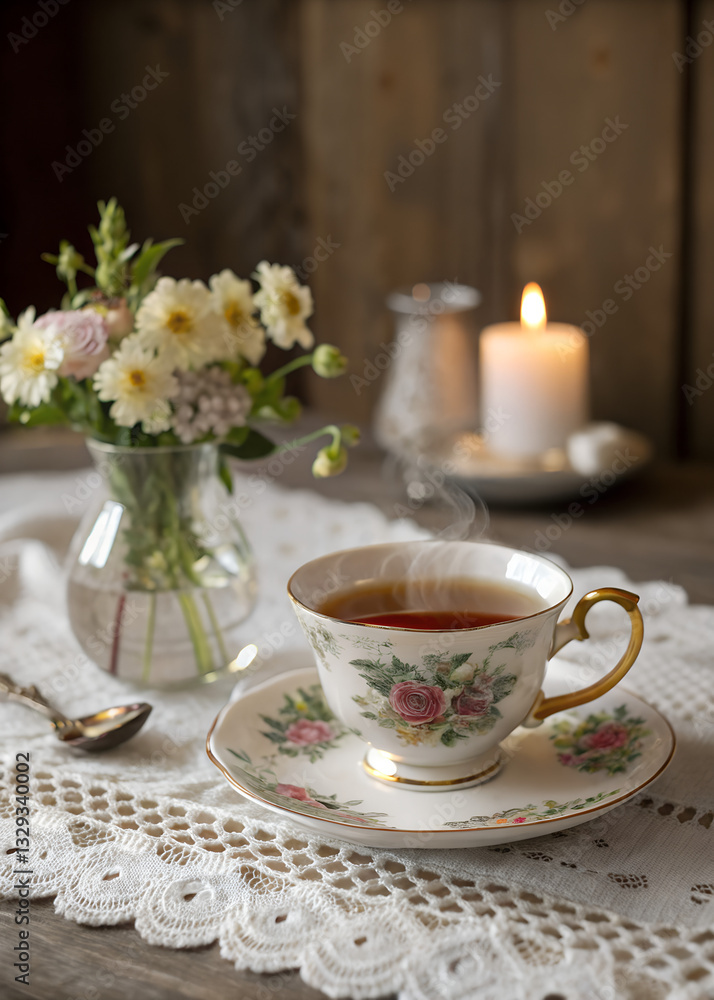 Steaming cup of aromatic tea served in an elegant floral porcelain cup on a vintage wooden table, cozy tea time Steaming cup of aromatic tea served in an elegant floral porcelain cup on a vintage wooden table, cozy tea time