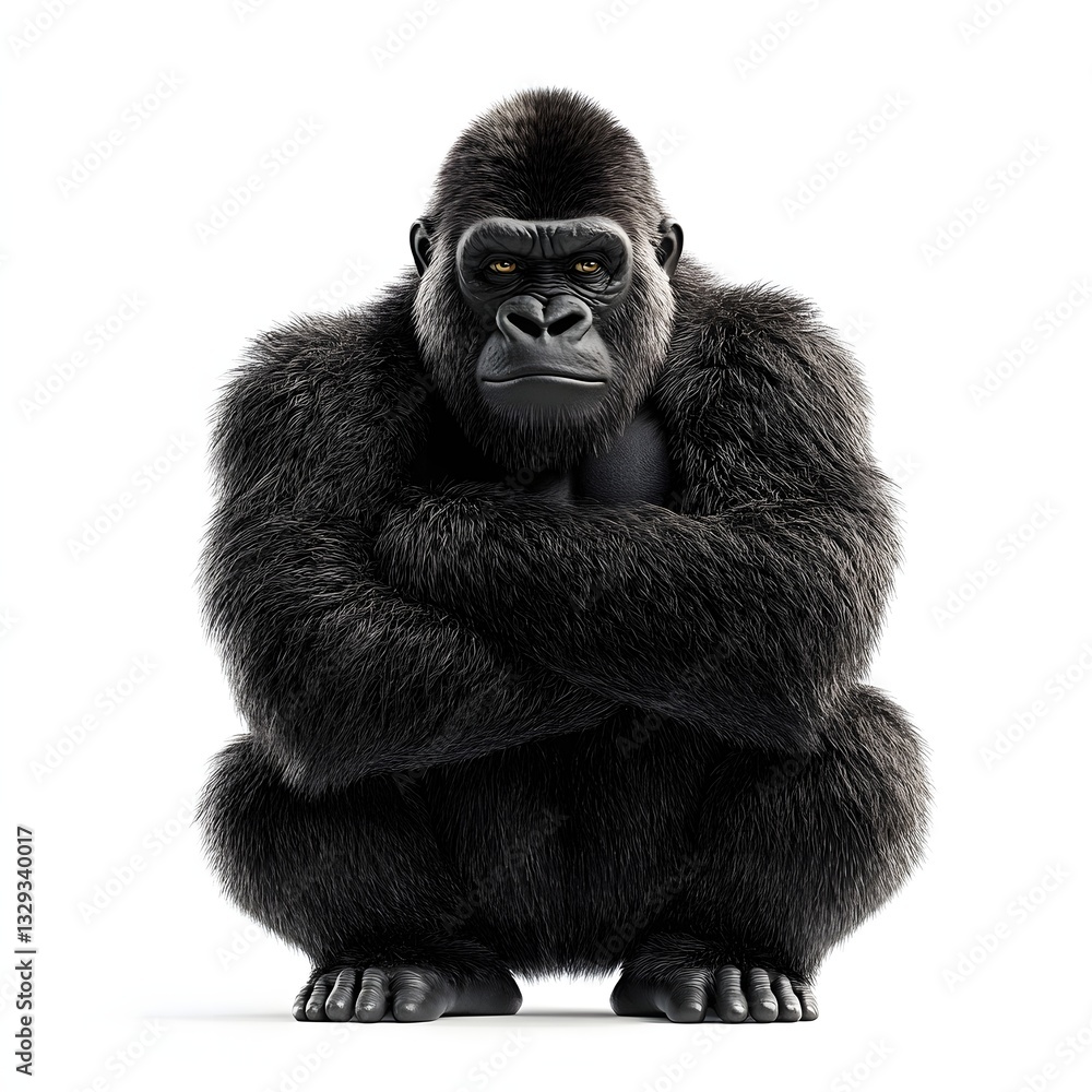 Fototapeta premium A powerful gorilla portrait, showcasing the animal's intense gaze and muscular build in a studio setting. Detailed Animal isolated on white background. Majestic Primate Gorilla