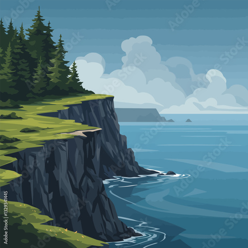 Coastal Cliff Landscape with Evergreen Forest and Calm Blue Ocean View