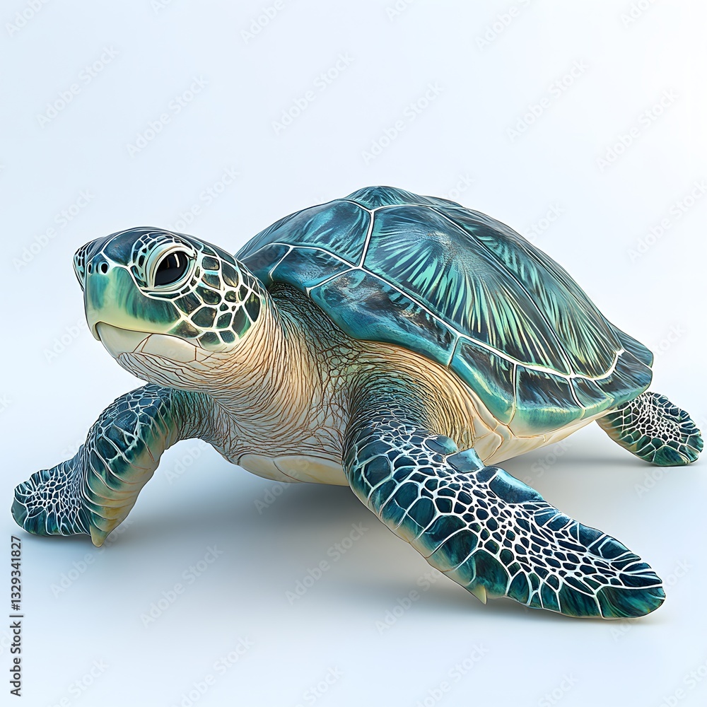 Fototapeta premium A detailed 3D render of a green sea turtle, showcasing its vibrant colors and intricate shell. The image is a visual masterpiece. Detailed Animal isolated on white background.