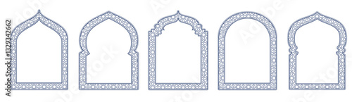 Line islamic windows, mosque doors with traditional pattern. Ramadan or Al-Adha golden decoration, holiday frames. Vertical format for cards or social media. Transparent background in vector file.