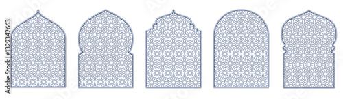 Line islamic windows, mosque doors with traditional pattern. Ramadan or Al-Adha golden decoration, holiday frames. Vertical format for cards or social media. Transparent background in vector file.