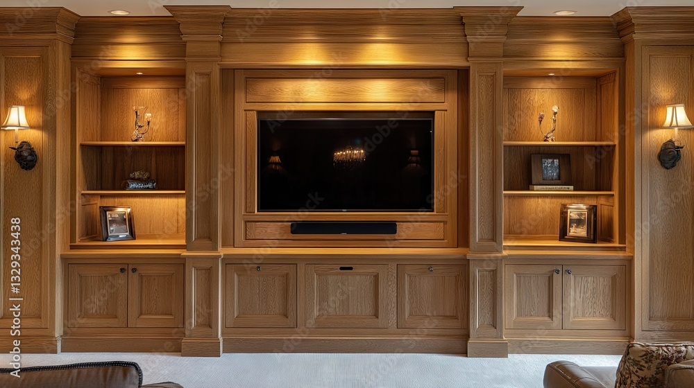 Custom-built TV wall unit with concealed storage compartments behind panel doors Custom-built TV wall unit with concealed storage compartments behind panel doors