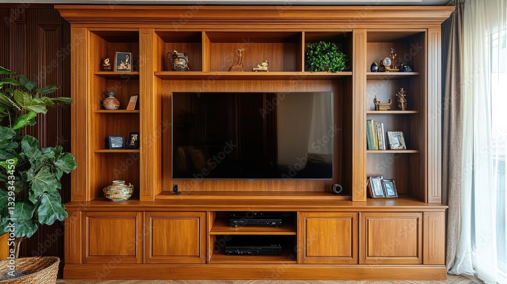 Custom-built TV wall unit with concealed storage compartments behind panel doors Custom-built TV wall unit with concealed storage compartments behind panel doors