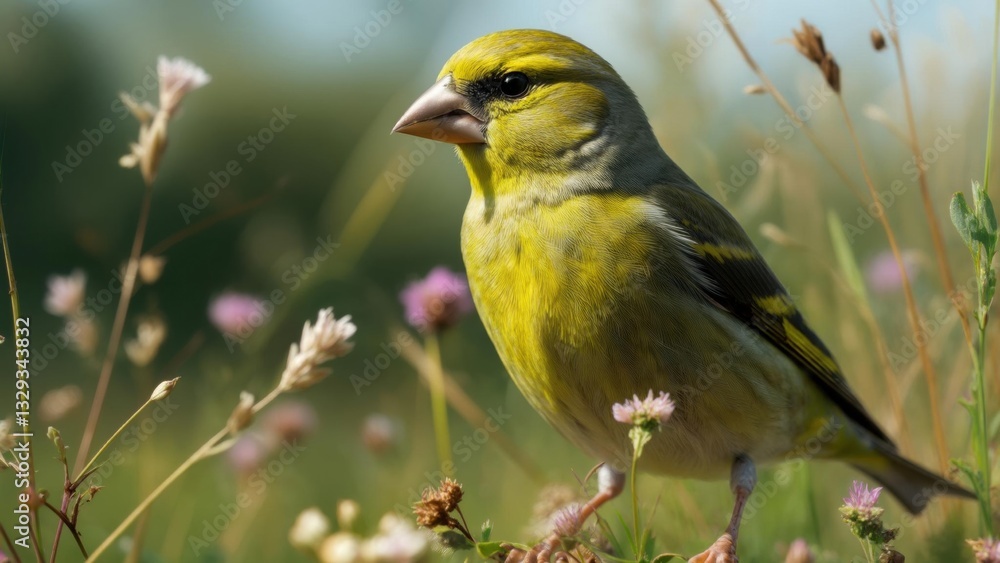 Obraz premium Vibrant green bird foraging among wildflowers on a sunny day in spring