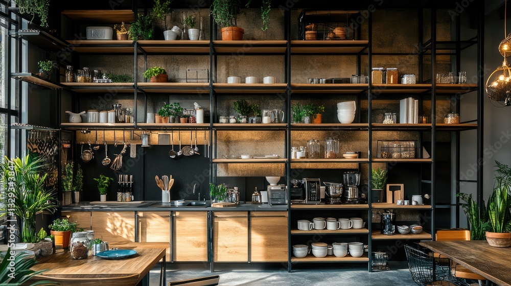 Custom-designed kitchen featuring a modular steel hanging system for adjustable storage Custom-designed kitchen featuring a modular steel hanging system for adjustable storage