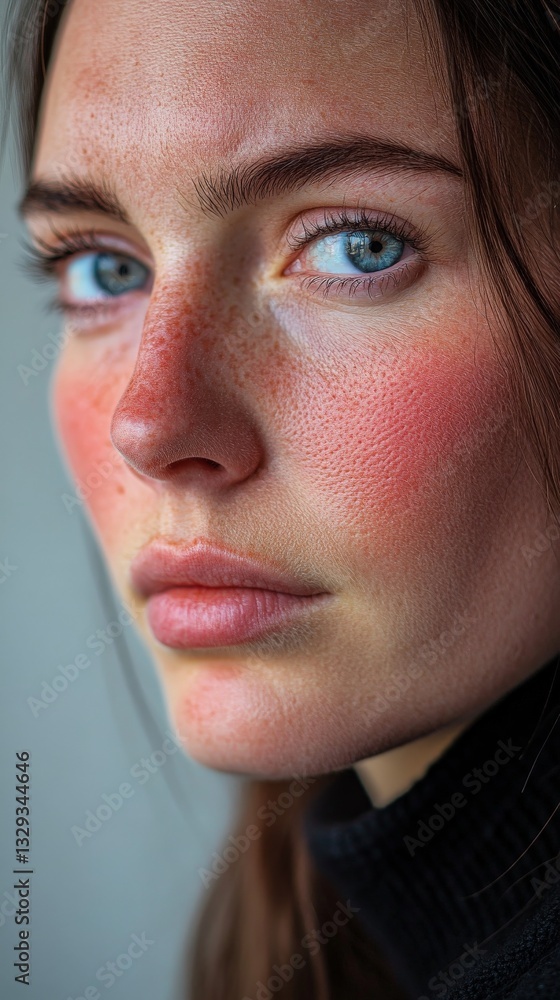 Obraz premium Close-up portrait of young caucasian female with freckles and blue eyes