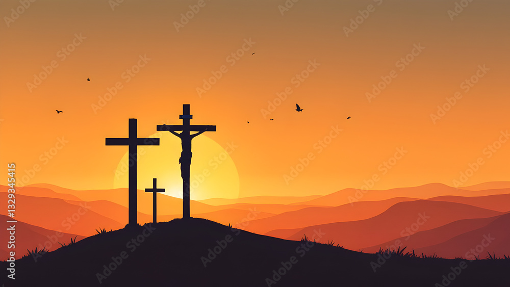 Good Friday Crucifixion Silhouette at Sunset - Jesus on the Cross with Mountain Landscape and Flying Birds Good Friday Crucifixion Silhouette at Sunset - Jesus on the Cross with Mountain Landscape and Flying Birds