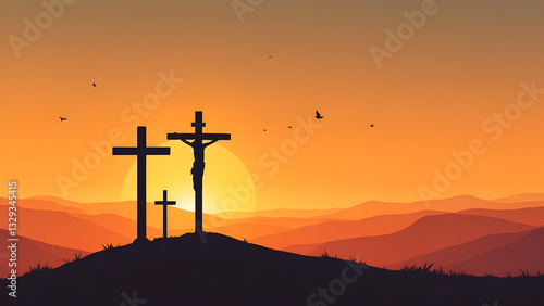 Wallpaper Mural Good Friday Crucifixion Silhouette at Sunset - Jesus on the Cross with Mountain Landscape and Flying Birds Torontodigital.ca