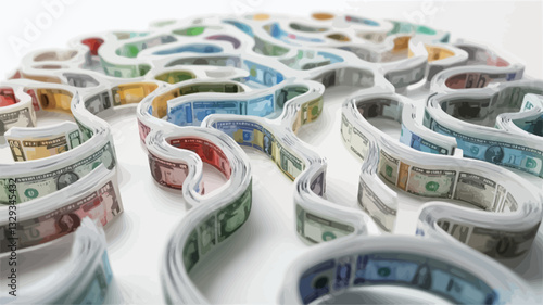 High-angle, close-up view of a complex arrangement of rolled-up US dollar bills.  The bills are curved and interwoven to create a maze-like pattern, with various colors representing different