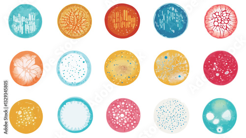 The image shows a collection of twenty diverse petri dishes. Each dish displays a different pattern and color of microbial growth. The colors range from warm oranges and reds to cool blues and