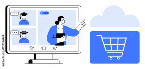 Teacher interacting during live virtual class on monitor with shopping cart in cloud symbolizing e-learning and online shopping integration. Ideal for education, e-commerce, technology, digital