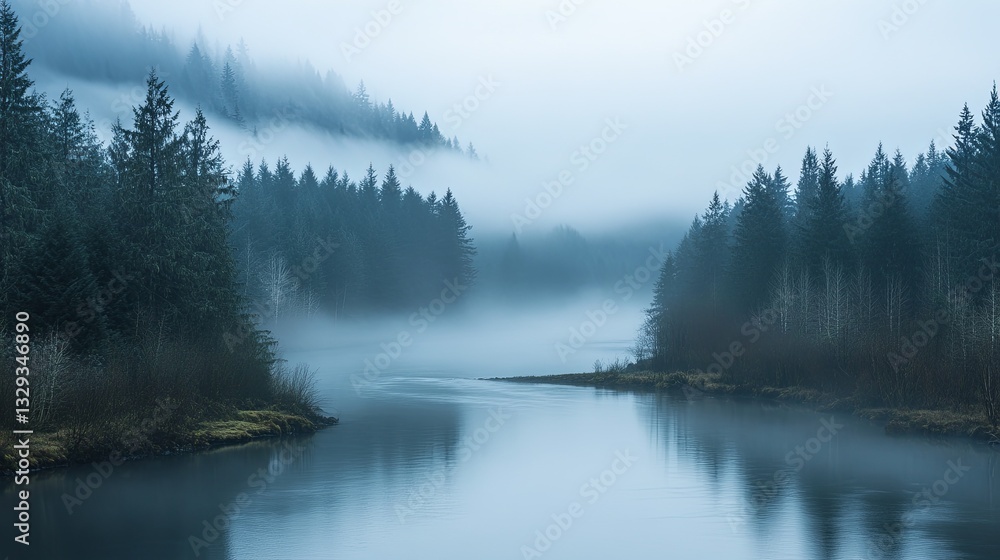 Fototapeta premium A peaceful river flowing through a dense, foggy forest. digital