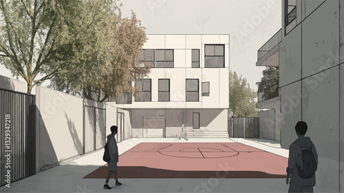 The image is a digital rendering depicting a modern apartment building's courtyard. The courtyard features a red-toned basketball court as its central element.?Two figures, possibly children or