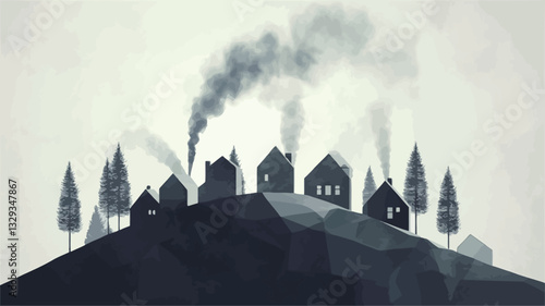 The image is a stylized illustration or painting depicting a cluster of small, dark-colored houses situated on a hill.  The houses are depicted as simple silhouettes, lacking detail.  Smoke plumes