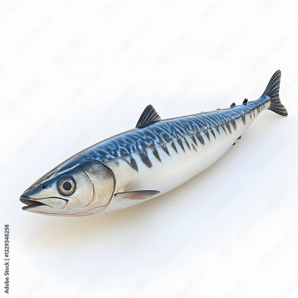 Close-up studio shot of an Atlantic mackerel, showcasing its detailed scales and body structure. A fresh and healthy seafood choice. Detailed Animal isolated on white background. Close-up studio shot of an Atlantic mackerel, showcasing its detailed scales and body structure. A fresh and healthy seafood choice. Detailed Animal isolated on white background.