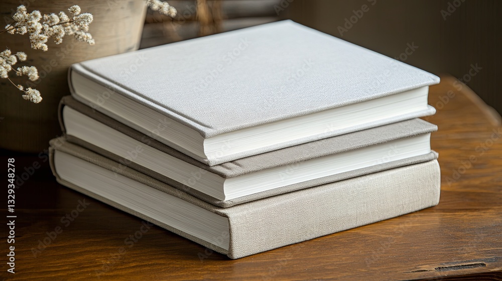 A stack of modern books with clean, neutral covers on a wooden table. digital A stack of modern books with clean, neutral covers on a wooden table. digital
