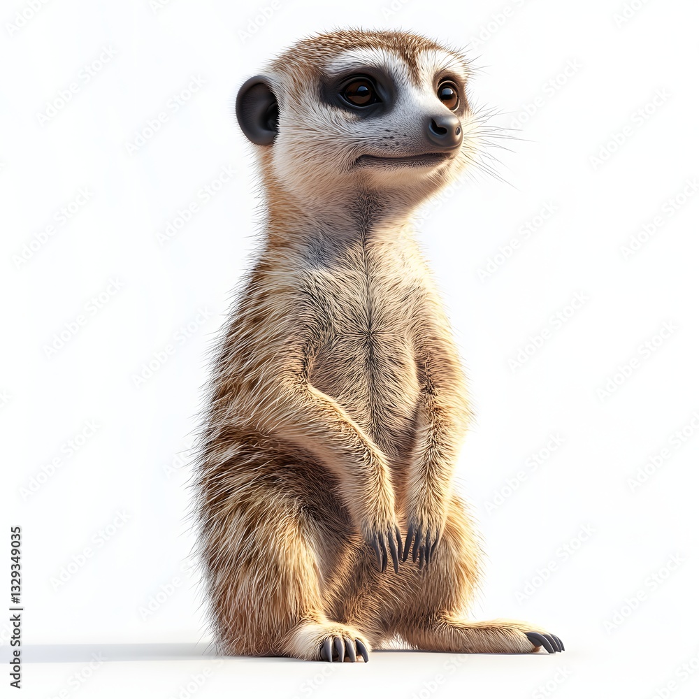 Fototapeta premium A captivating 3D render of an endearing meerkat sitting against a pristine white backdrop. Detailed Animal isolated on white background. Adorable Meerkat