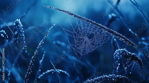 Morning dew clinging to spiderwebs between delicate grass blades background