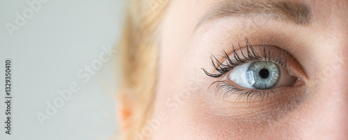 Obraz na plátně Woman showing beautiful blue eye with long black eyelashes and defined eyebrow