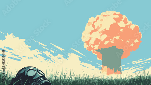 The illustration depicts a stylized landscape dominated by a large, peach-colored mushroom cloud reminiscent of a nuclear explosion. The cloud is set against a pale blue sky with wispy clouds. In
