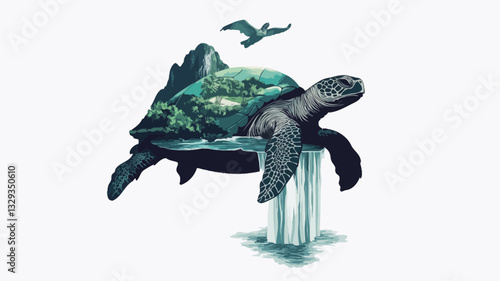 A stylized digital illustration of a large sea turtle carrying a miniature landscape on its shell.  The landscape includes mountains, trees, and water. A small bird is shown flying above the