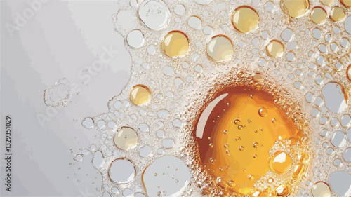 Close-up macro shot of an abstract composition featuring a mixture of oil and water.  The image shows a predominantly white and gray background with numerous translucent, golden-yellow oil droplets