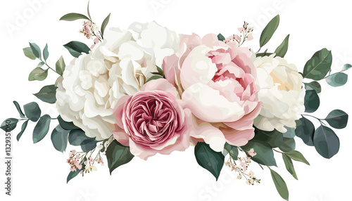 Dusty pink and cream rose, peony, hydrangea flower, tropical leaves vector garland. Dusty pink and cream rose, peony, hydrangea flower, tropical leaves vector garland wedding bouquet