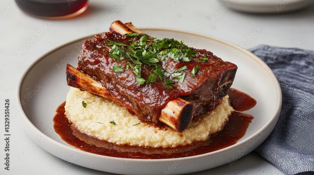 Braised Beef Shank Served on a Bed of Creamy Polenta Braised Beef Shank Served on a Bed of Creamy Polenta