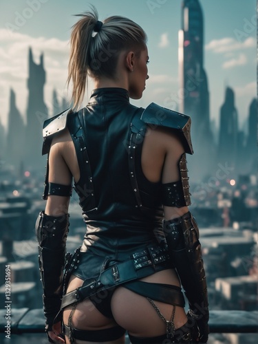 Cyberpunk warrior woman in a futuristic megacity.
