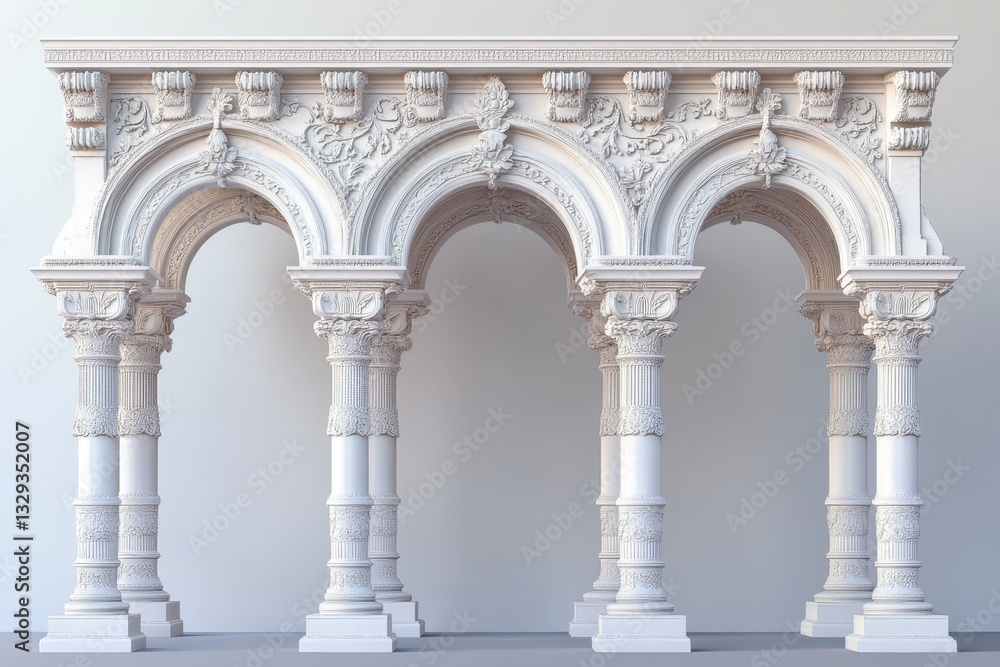 Beautifully sculpted architectural design featuring multiple arched openings and columns Beautifully sculpted architectural design featuring multiple arched openings and columns