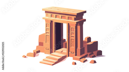 Isometric illustration depicting a low-poly rendered stone gateway in ruins.  The structure is primarily light tan/orange, suggesting sandstone or a similar material.  The archway is the central