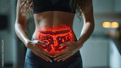 A woman holding her stomach with a glowing 3D illustration of the intestines, symbolizing gut health