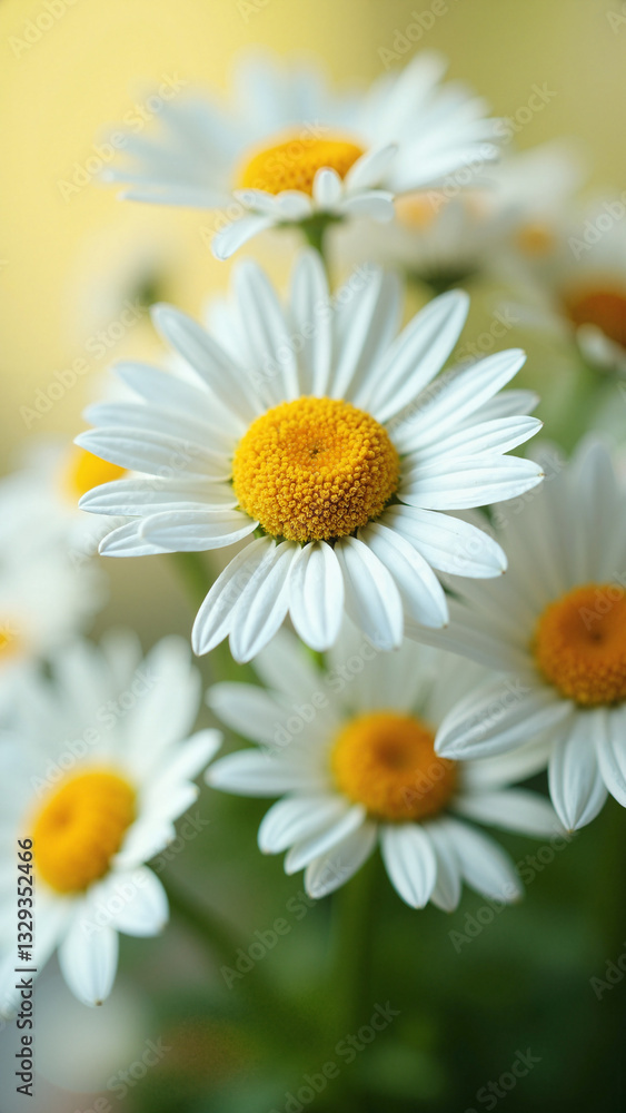 Close-Up of Delicate Daisies with White Petals and Yellow Centers, Perfect for Spring Marketing and Floral-Themed Promotions Close-Up of Delicate Daisies with White Petals and Yellow Centers, Perfect for Spring Marketing and Floral-Themed Promotions