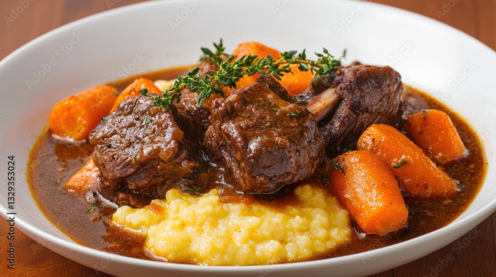 Richly flavored braised beef shank with roasted vegetables Richly flavored braised beef shank with roasted vegetables