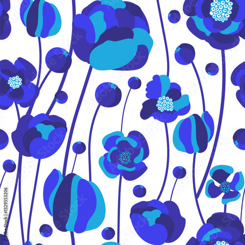 Indigo poppies. Design of flora in indigo colors. Seamless background for fabrics, textiles, packaging and wallpaper. Vector illustration